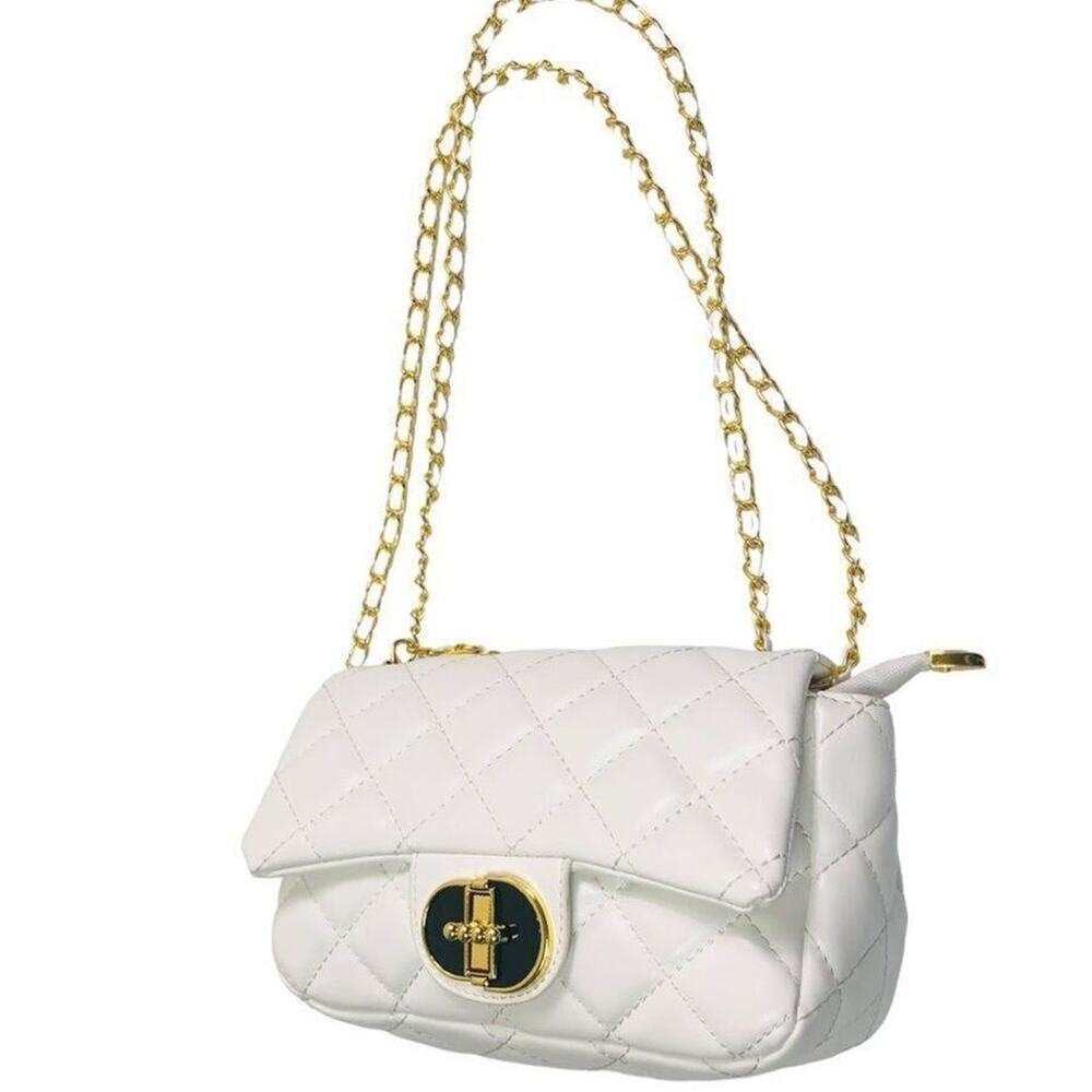 White Quilted Gold Chain Crossbody Shoulder Bag